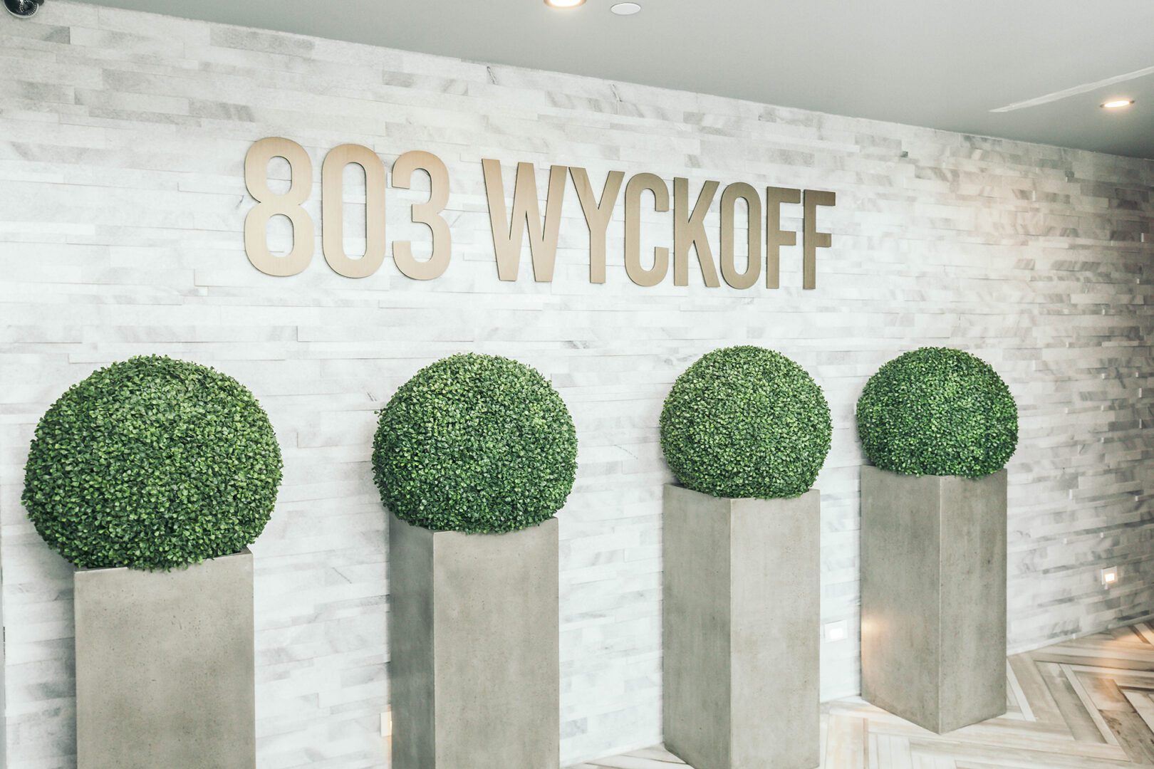 A wall with four bushes and the words " 8 0 3 wyckoff ".