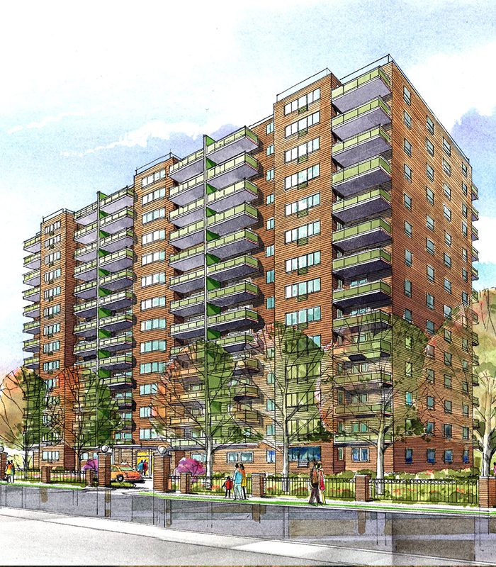 A rendering of the exterior of an apartment building.